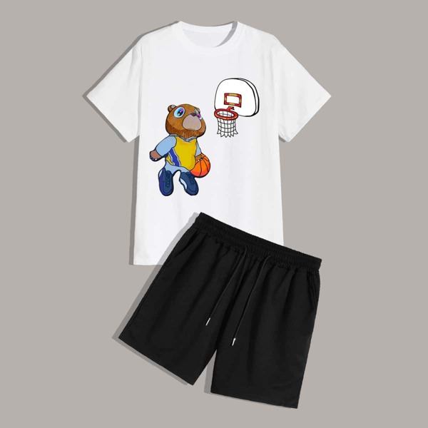 

Men Cartoon Graphic Tee With Drawstring Waist Shorts, Black and white