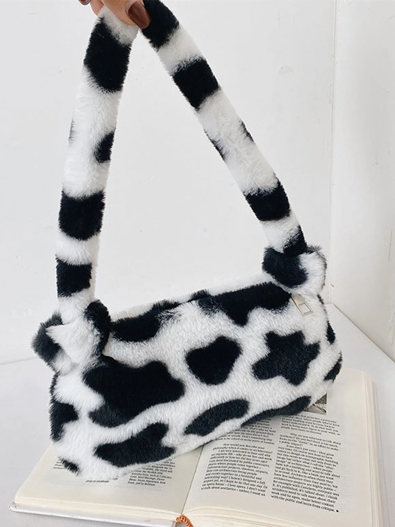 Crossbody Bag Fuzzy Cow Print Bag NEW Black/White Faux Fur Y2K Cow 