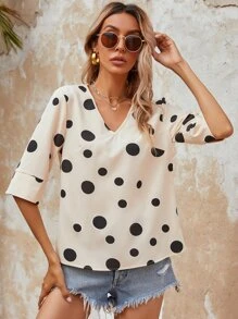 v領波卡圓點襯衫 - 杏色 - 查看 5