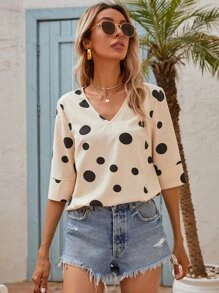 v領波卡圓點襯衫 - 杏色 - 查看 6