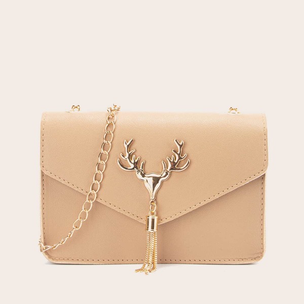 

Metal Tassel Charm Flap Chain Bag, Khaki