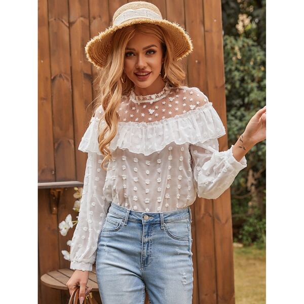 

Swiss Dot Ruffle Trim Chiffon Blouse, White
