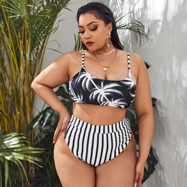 

Plus Palm Tree & Striped Bikini Swimsuit, Black and white