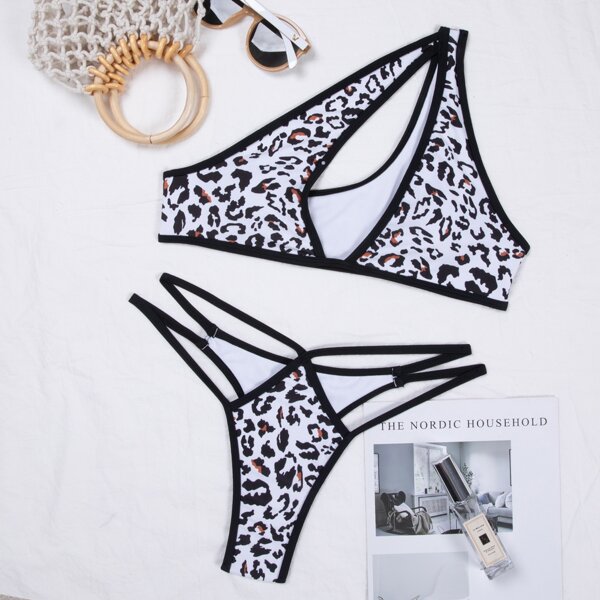 

Leopard One Shoulder Thong Bikini Swimsuit, Multicolor