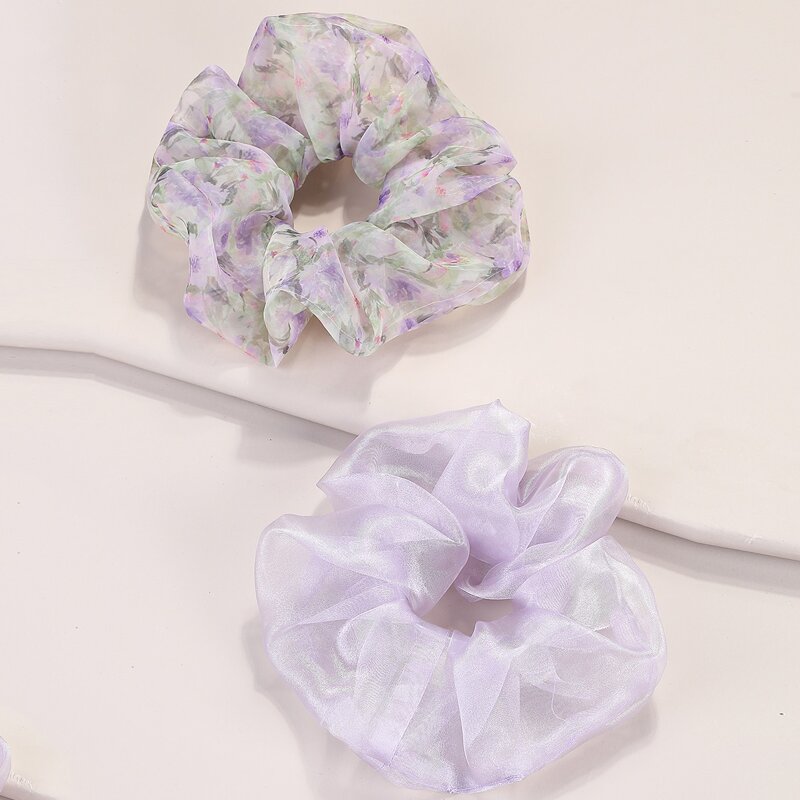 

2pcs Floral Print Mesh Scrunchie, Multicolor
