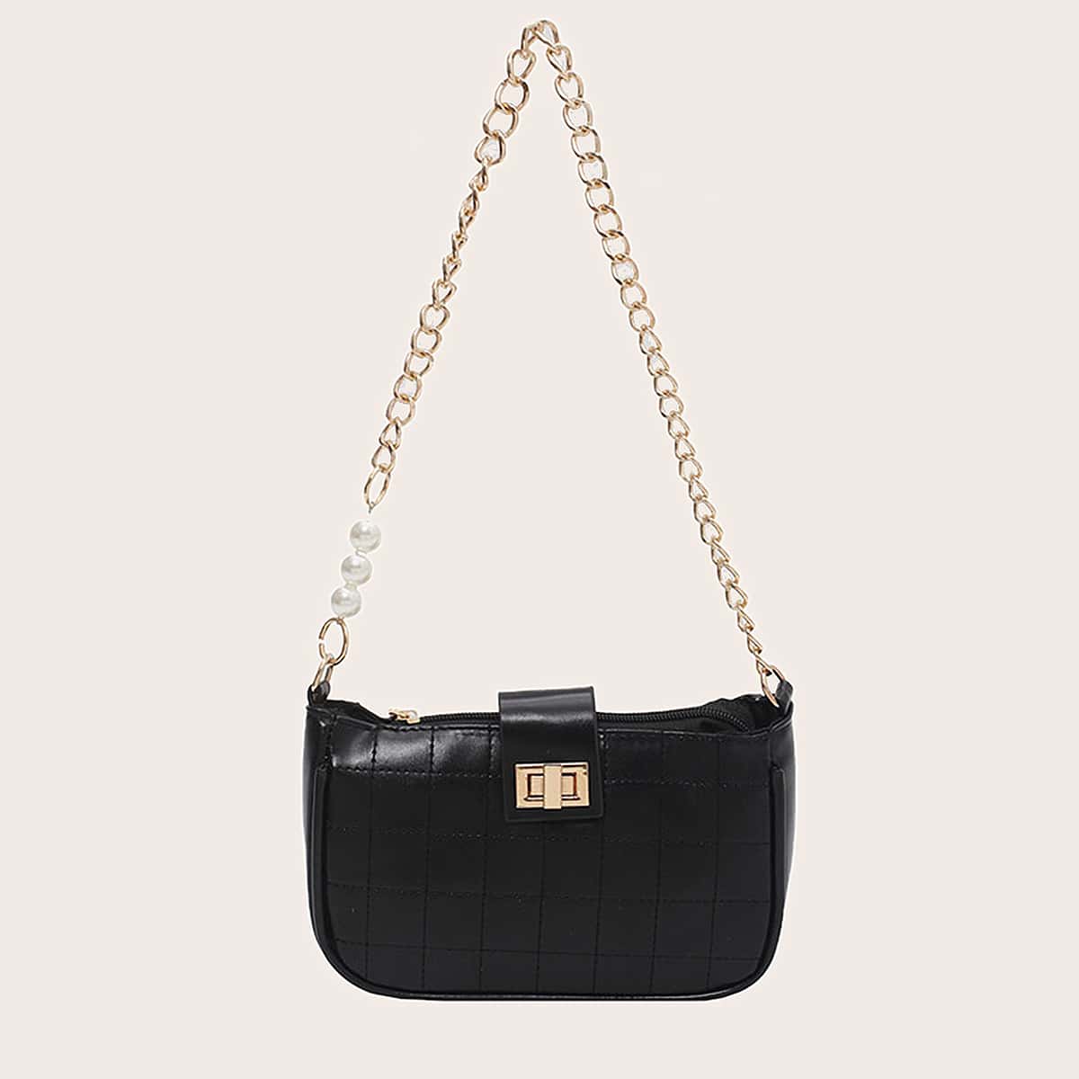 

Stitch Detail Twist Lock Chain Shoulder Bag, Black