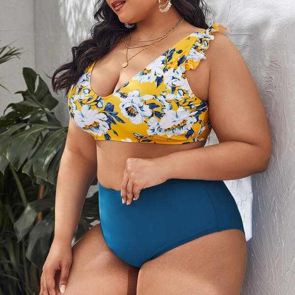 

Plus Floral Ruffle Trim Bikini Swimsuit, Multicolor