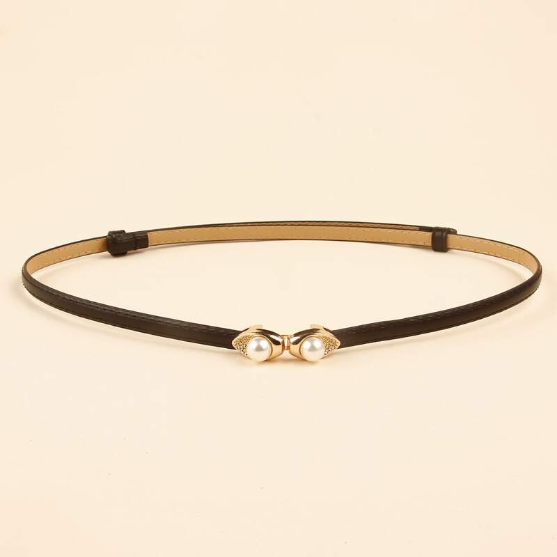 

Faux Pearl Buckle Skinny Belt, Black