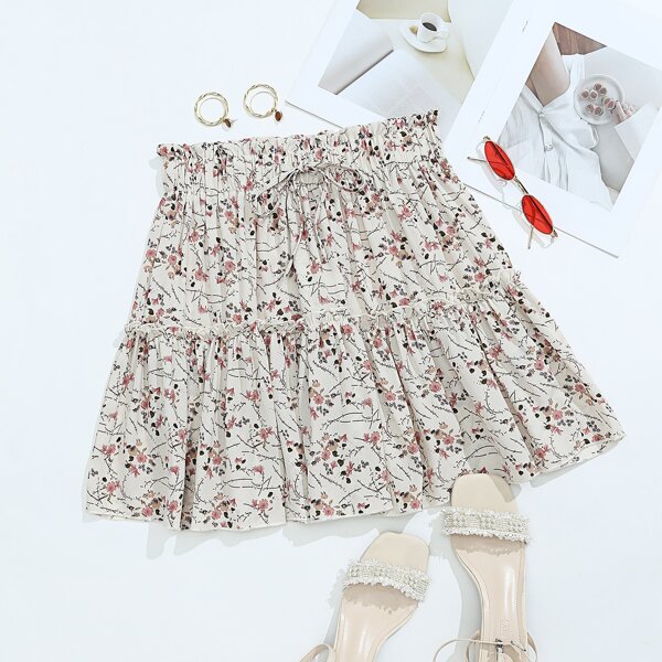 

Floral Print Frill Trim Knot Detail Skirt, Beige
