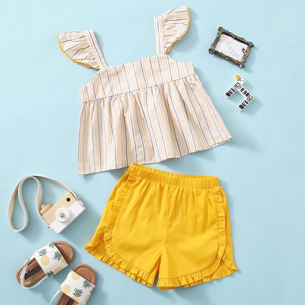

Toddler Girls Ruffle Strap Striped Top & Frilled Shorts Set, Multicolor