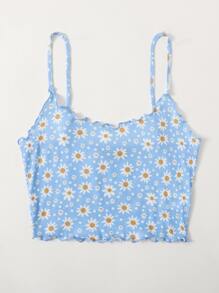 Soleia Cottagecore Lettuce Edge Daisy Floral Crop Cami Top - Baby Blue - View 4