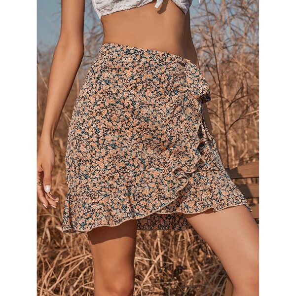 

Allover Floral Print Ruffle Trim Wrap Skirt, Multicolor