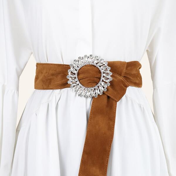 

Rhinestone Buckle Suede Belt, Camel