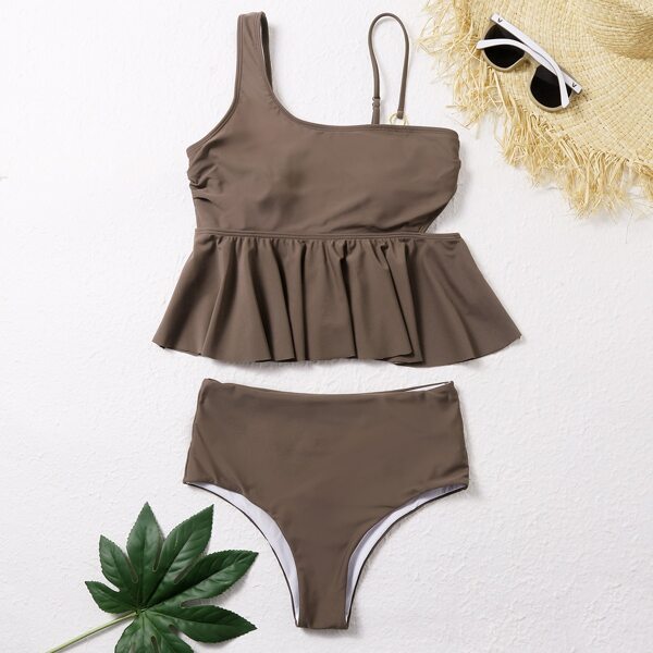 

Ruffle Hem High Waisted Bikini Swimsuit, Mocha brown
