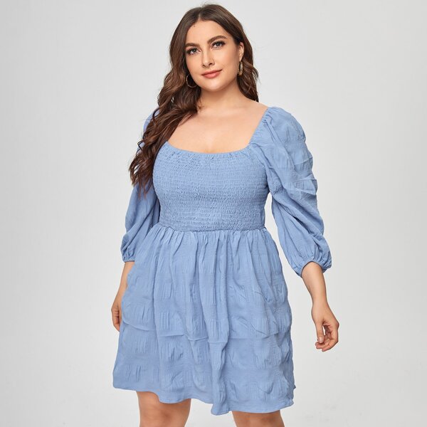 

Plus Shirred Square Neck Dress, Blue