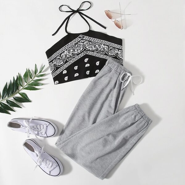 

Paisley Print Halter Top & Drawstring Waist Sweatpants, Multicolor