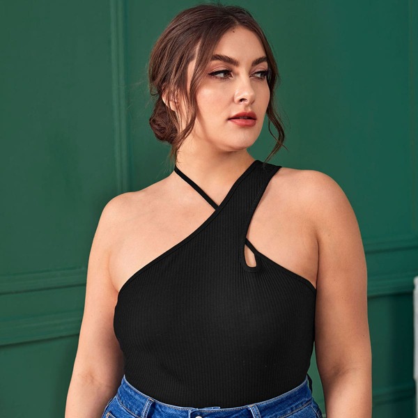 

Plus Asymmetrical Neck Rib-knit Top, Black