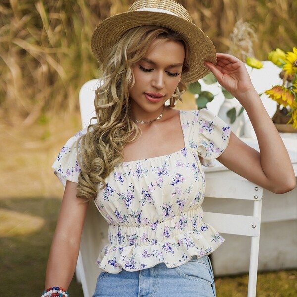 

All Over Floral Print Butterfly Sleeve Ruffle Hem Blouse, Multicolor