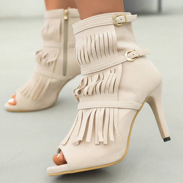 

Peep Toe Fringe Decor Ankle Boots, Beige