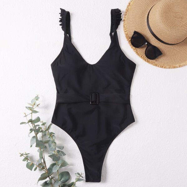 

Buckle Belted Ruffle One Piece Swimsuit, Black