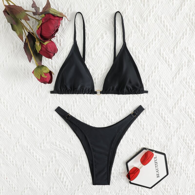 

Triangle High Cut Bikini Swimsuit, Black