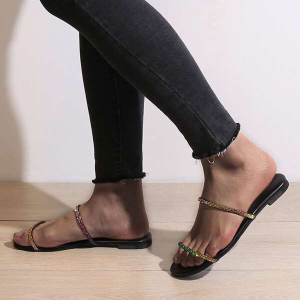 

Rhinestone Decor Slide Sandals, Multicolor