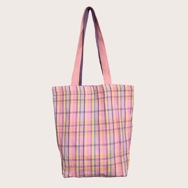 

Color Block Plaid Tote Bag, Pink