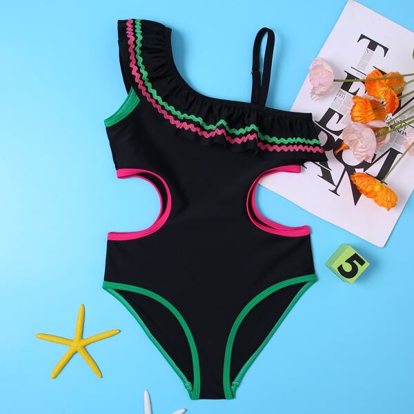 

Girls Ruffle Trim Cut-out One Piece Swimsuit, Black