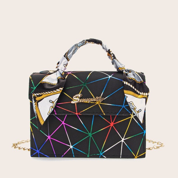 

Twilly Scarf Decor Geometric Pattern Satchel Bag, Black