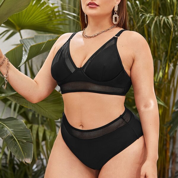 

Plus Contrast Mesh High Waisted Bikini Swimsuit, Black