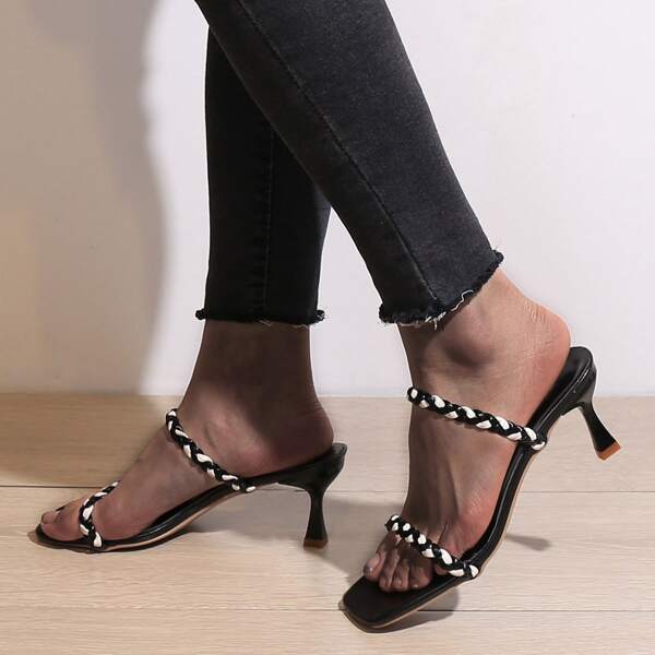 

Braided Strap Mule Sandals, Black and white