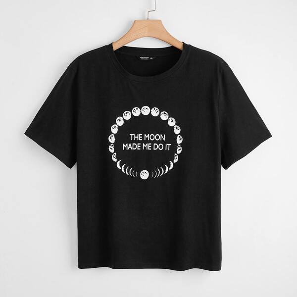 

Plus Slogan And Moon Print Tee, Black