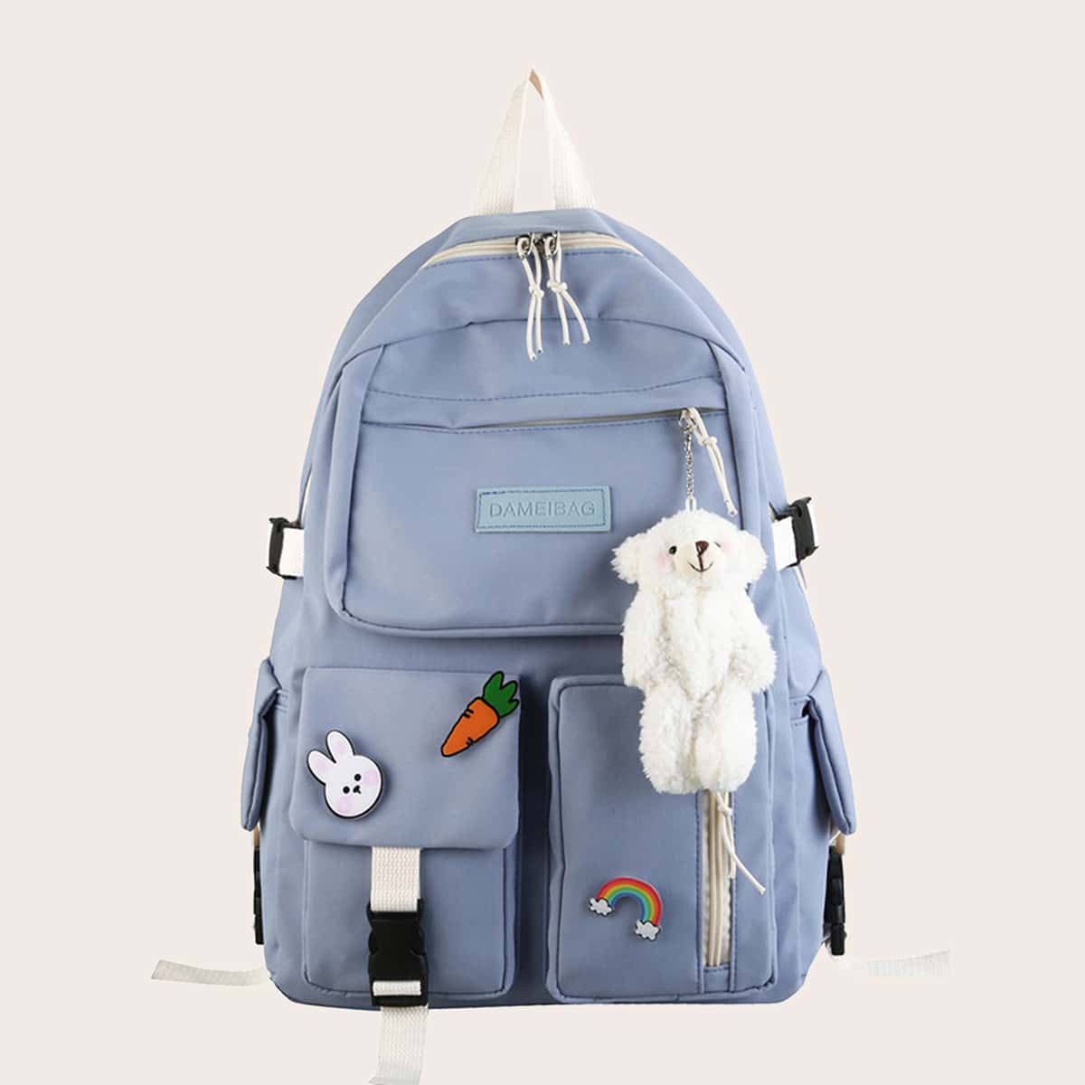

Plush Bear Charm Pocket Front Backpack, Blue