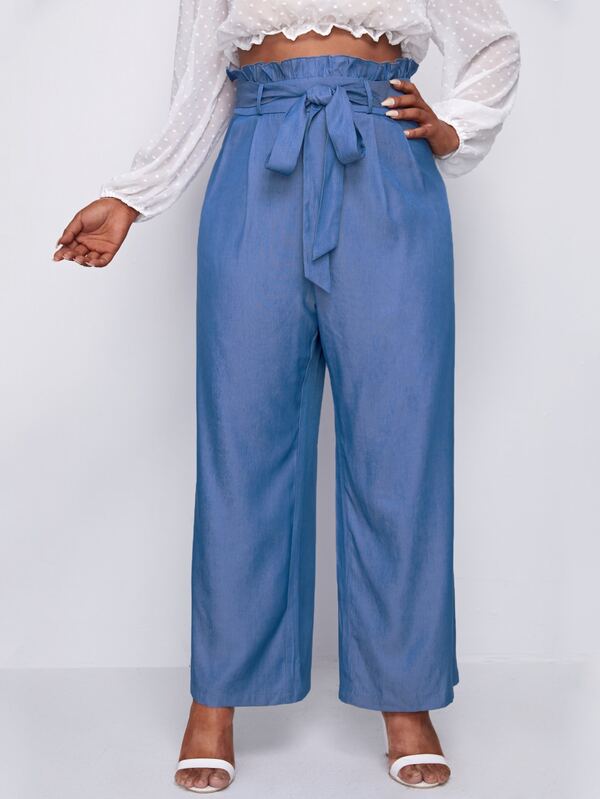 Plus Solid Belted Paper Bag Waist Jeans SHEIN USA