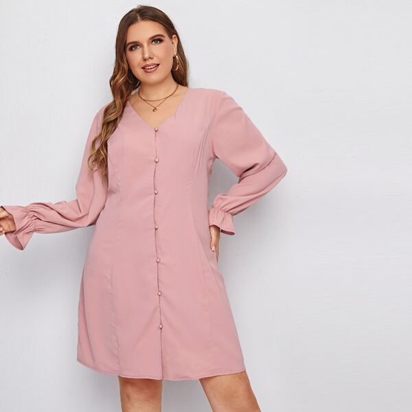

Plus Pearls Button Front Flounce Sleeve Dress, Dusty pink