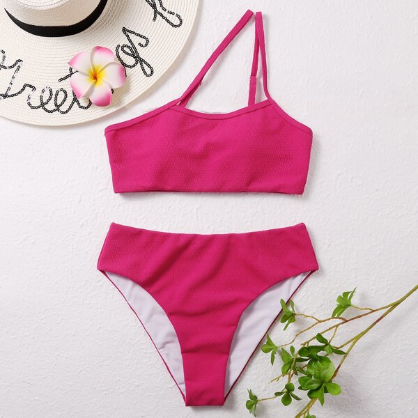 

One Shoulder High Waisted Bikini Swimsuit, Hot pink