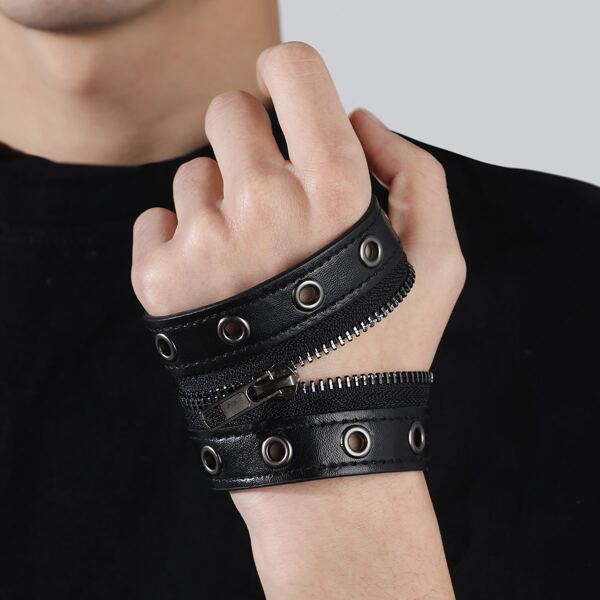 

Men Zipper Decor PU Leather Bracelet, Black