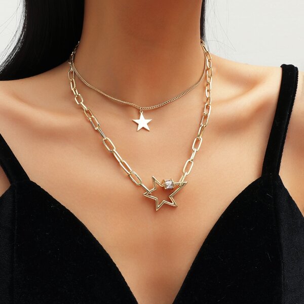 

2pcs Star Charm Necklace, Gold