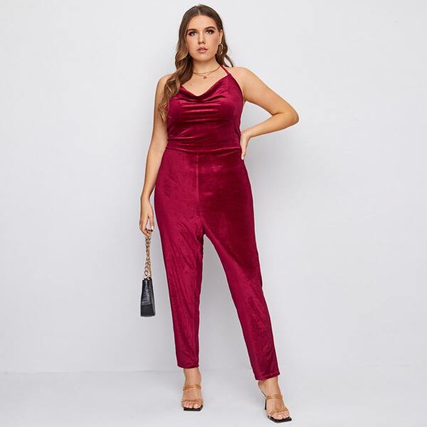 

Plus Velvet Draped Front Cami Jumpsuit, Burgundy
