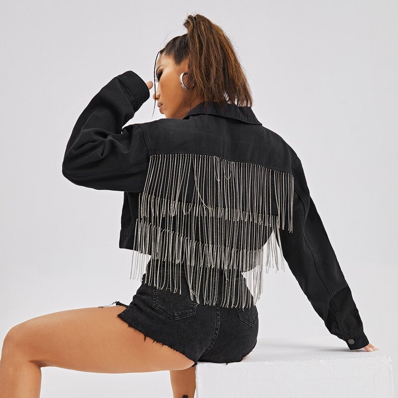 

Rhinestone Fringe Crop Denim Jacket, Black