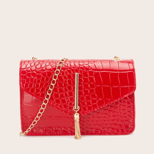 

Croc Embossed Tassel Decor Crossbody Bag, Red