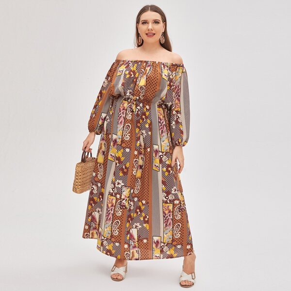 

Plus Off Shoulder Lantern Sleeve Paisley Print Dress, Multicolor