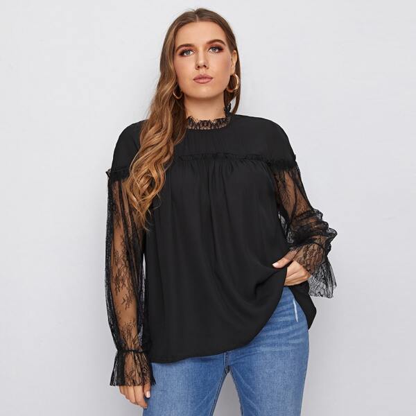 

Plus Contrast Lace Sleeve Blouse, Black