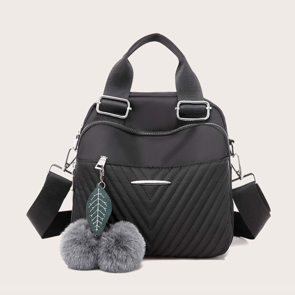 

Pom-pom Charm Chevron Backpack, Black