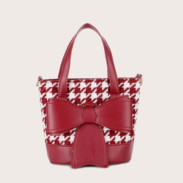 

Bow Decor Houndstooth Bucket Bag, Red and white