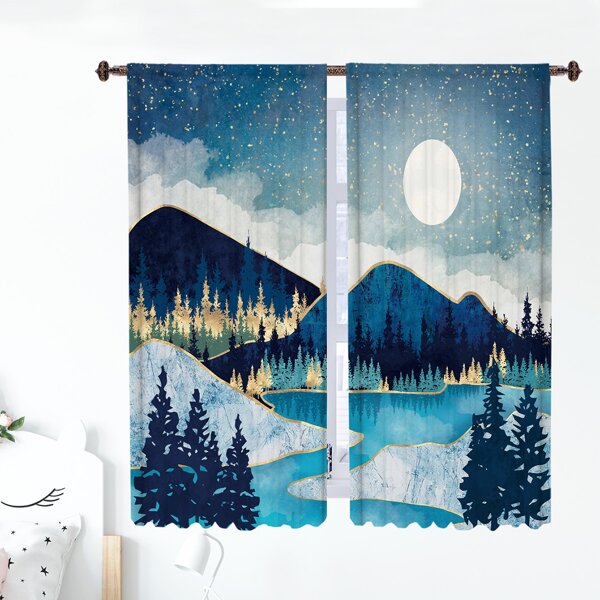 

2pcs Mountain Print Curtain, Multicolor