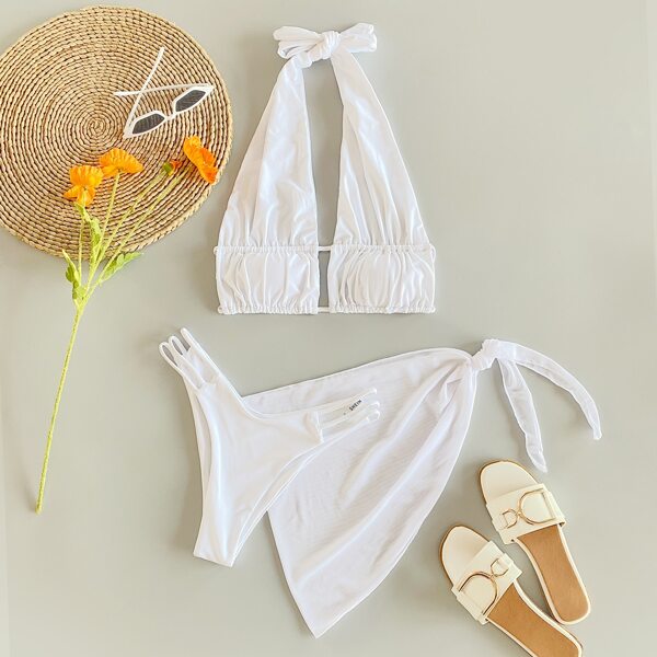 

3pack Ruched Bikini Swimsuit & Beach Skirt, White