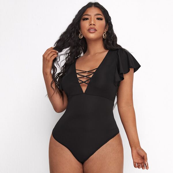 

Plus Solid Criss Cross Bodysuit, Black