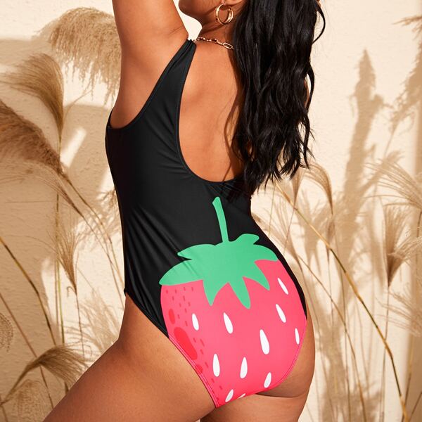 

Plus Letter & Strawberry Print One Piece Swimsuit, Black