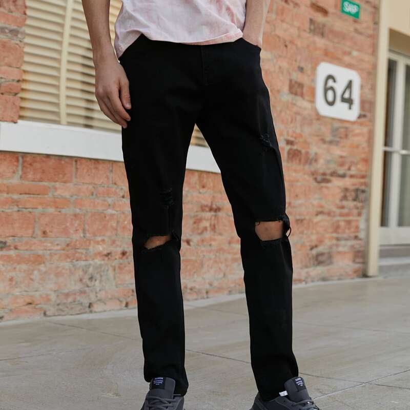 

Guys Solid Ripped Skinny Jeans, Black
